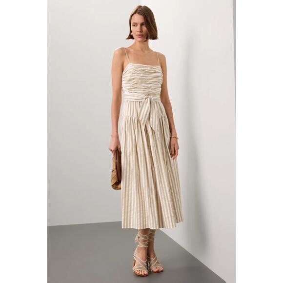$475 Toccin Cameron Ruched Midi Dress - Tan White - Size 0 - Picture 1 of 13